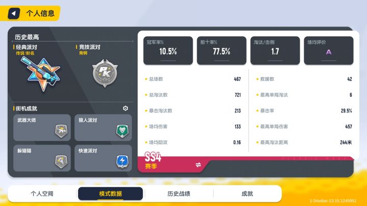 哈喽各位大大你们好,身为一个苟分人,SS4已经苟到了20星,最近5天战绩截图