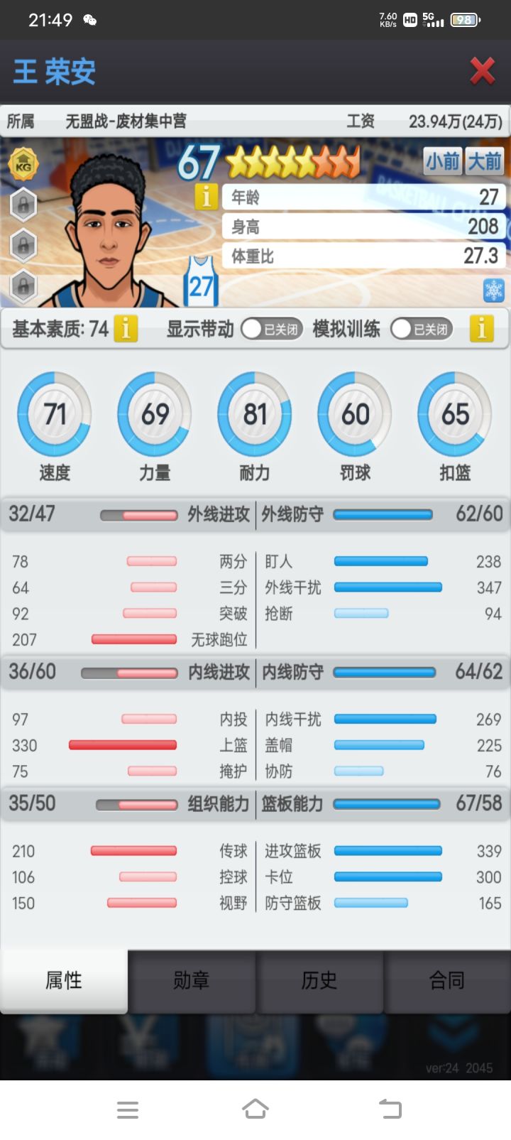 明晚9:45,一个二突,之前有支持者的时候看了一下,没有什么隐藏,就正常的球员,命中率在六成多一点点,效率还可以,在我这里之前一直打的12人,这个赛季想降工资,所以上不场了。
还有一个三防,之前临时凑合用的吧,所以练的也不是很认真,内外防基本没有怼属性,所有的时间都用来怼篮板了,因为上个赛季内线都34岁了,怕他们退役缺人,所以多留了几天备用,这个赛季还没有退所以卖掉,下个赛季我的新内线也可以上场了截图