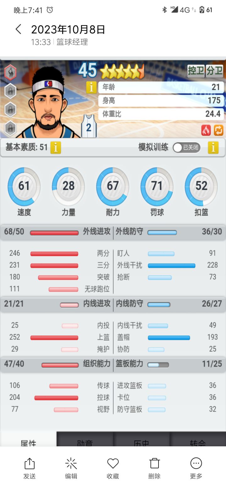晒一下初始四星半球员的成品,兄弟们也可以一起晒一下自己的建队元老
其他三个哥们儿陆陆续续都解雇了,硬着头皮把小程练到了45能力总算可以卖了,有种大姑娘出嫁的感觉,其实上赛季中段就没他的上场机会了,多付了上百万工资,卖了6万,主打一个情怀,祝小程在底联发光发热,早日拿下万分!截图