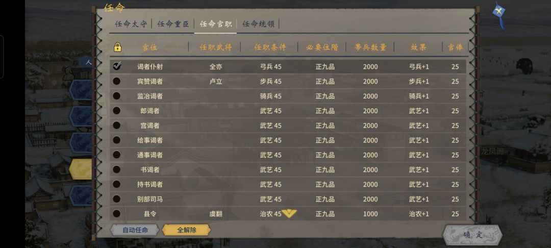 关于武将忠诚度受哪些影响？
1武将被给予的官职（官职并不是当城主太守，反而会受到人机的重点笼络），这很重要，即便是义理很重的，如果没有官职，也会容易掉。
2武将和主公的相性（这个游戏内好像看不到，只能那个创建武将的时候可以看），亲密度，结义配偶（这个能瞬间增加很多亲密度）。
3环境影响武将，如果你的城市实力太弱，就容易受到其他强大势力的影响（本身就影响在电脑中的提示人心惶惶），还可能受到其他势力的截图