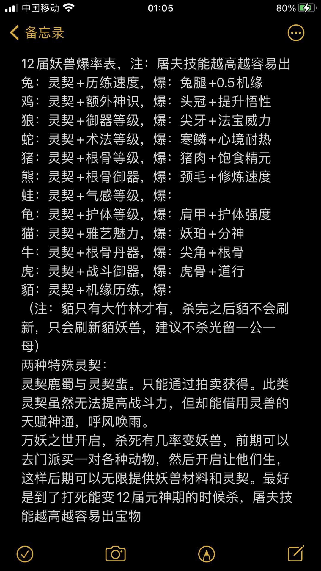 关于前期如何实现妖兽材料自由，以及12届元神妖兽灵契加成和宝物爆率和思路。
开局选万妖之世，前期去门派各种动物买两个（前期缺灵石也可以用同心诀招野生动物），每种动物开一对，同类型的动物最好安排在三格内，等雌性怀孕，生出来圈在一个空间里，食草动物可以种些草或者小麦，这样可以不用经常投喂，等击杀动物可以妖变到元神期的时候，全部屠宰，屠宰小人最好只培养一个。
我是117天，击杀动物基本上都会变成12届妖截图