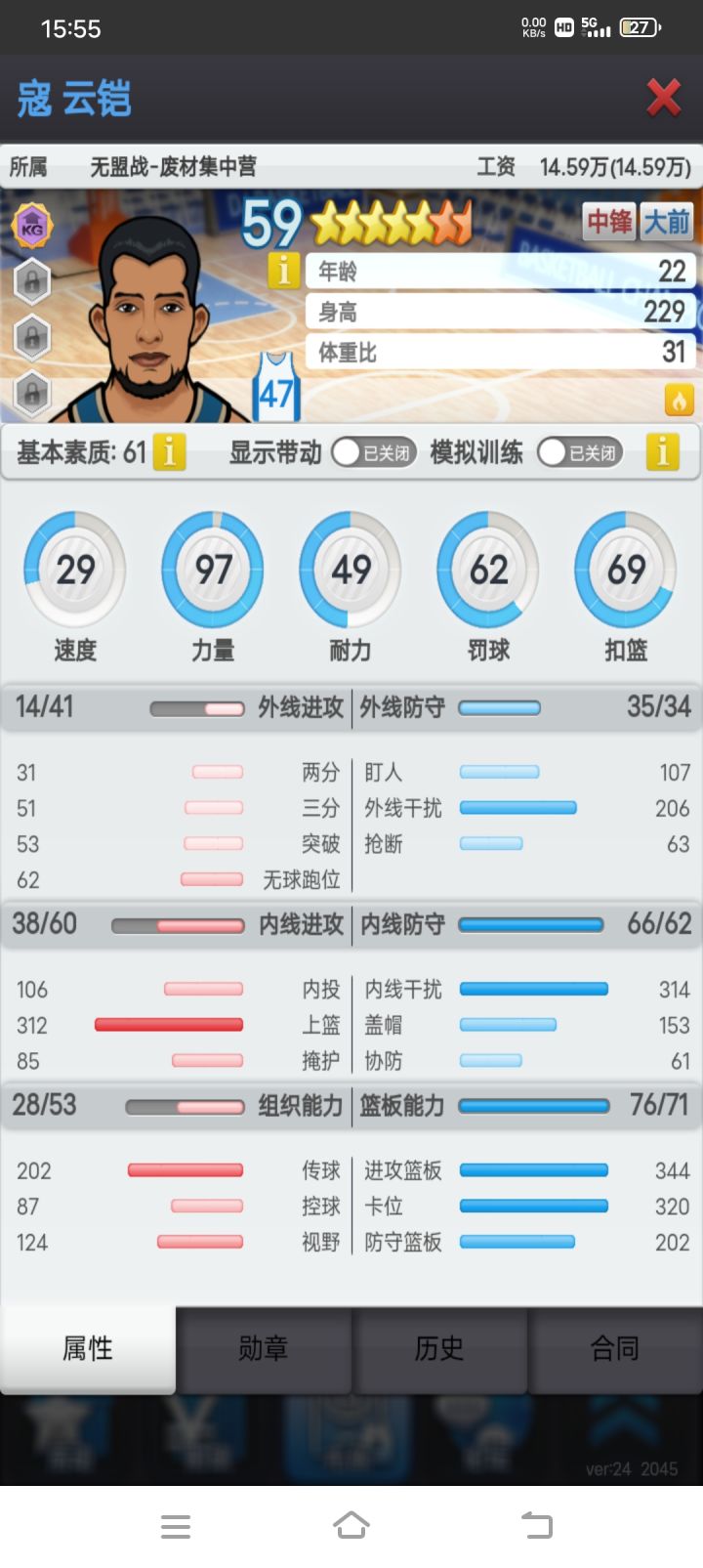 出两个内线,明天16点。由于球队主力内线才刚满33岁,目前这两个球员接不了班,所以为了避免浪费工资,所以出售,有兴趣的明天可以关注一下,第1个虽然体力低了一些,但是打满勋章的话也有72点,打个替补还是可以的。截图