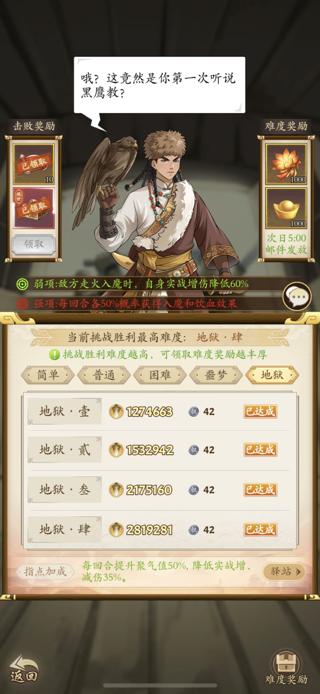 黑鹰教七天全地狱四攻略。如图。本人从头到尾只用这一个阵容以及唯一指点快马加鞭。多试几次就能过。因为是刚过少林就开的黑鹰，武学等级与招式都比较大众化，希望能帮到各位。截图