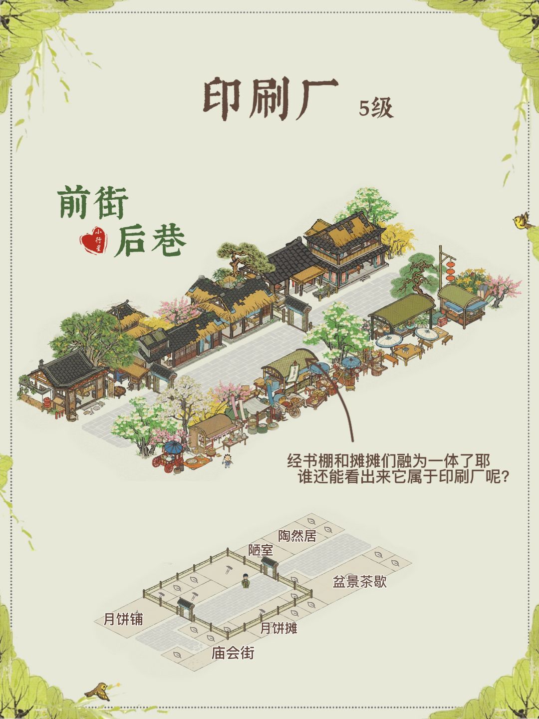 【印刷厂布局】
布局要点：经书棚可以当做摊摊来用！截图