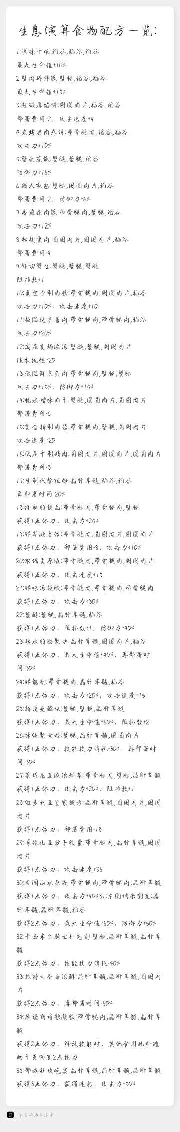 生息演算食物配方一览（应该是全的了）