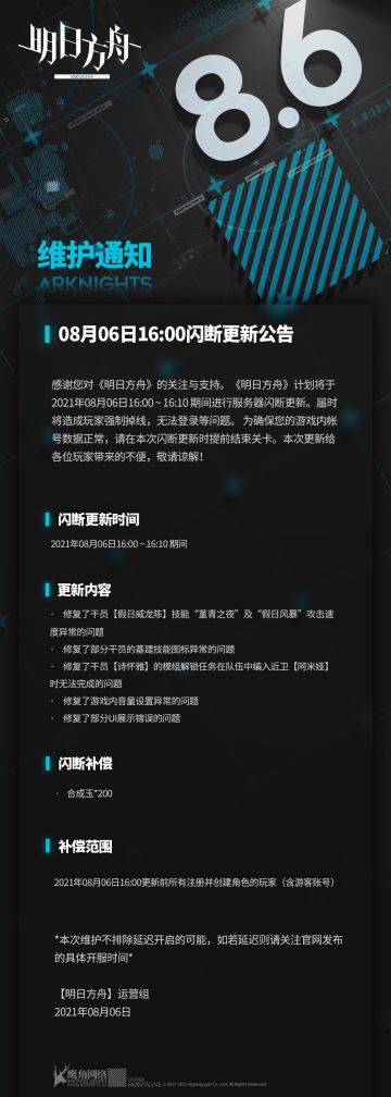 08月06日16:00闪断更新公告