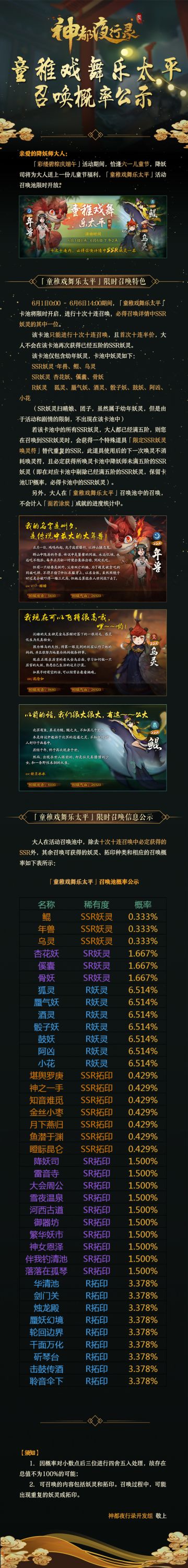 【概率公示】童稚戏舞乐太平召唤概率公示