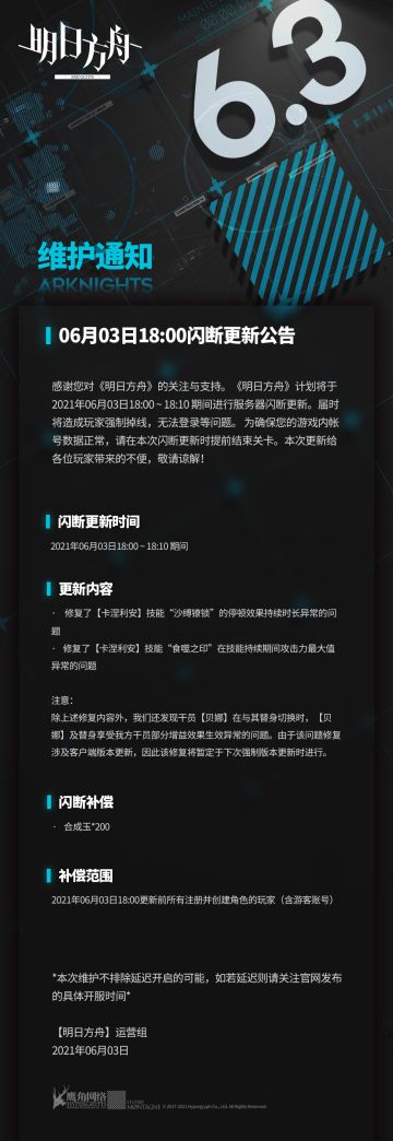 06月03日18:00闪断更新公告