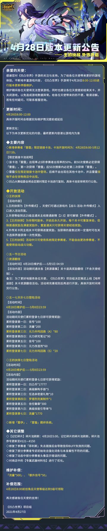 《凹凸世界》手游4月28日版本更新停服维护公告