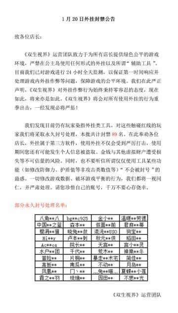 【双生视界】外挂封禁公告（1月20日）