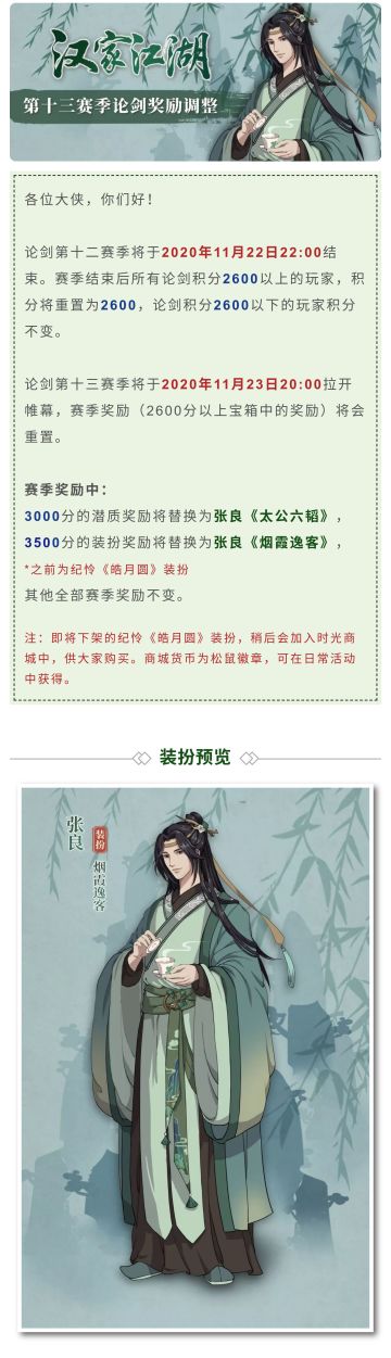 【汉家江湖】第十三赛季论剑奖励调整