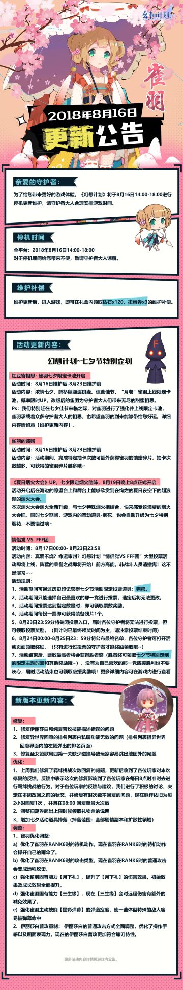 【幻想计划】8月16日停机维护更新公告 更新后的雀羽会……？！