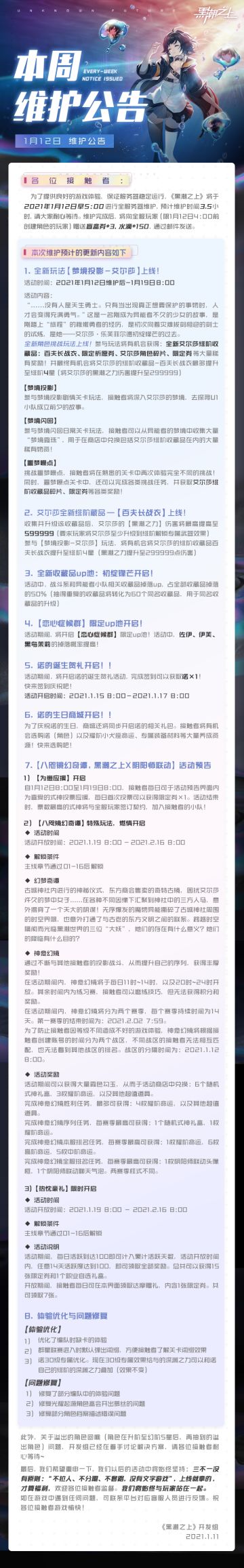 「最新情报」1月12日5：00停服维护公告