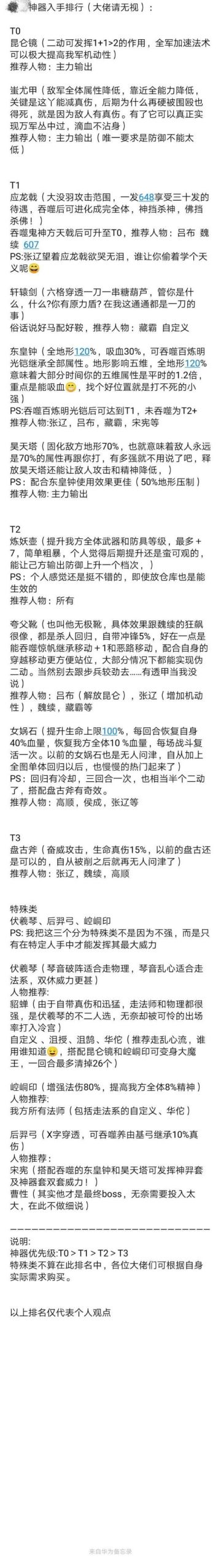 《三国志吕布传》神器入手排行榜分享--作者大佬凉城制作