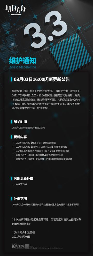 03月03日16:00闪断更新公告