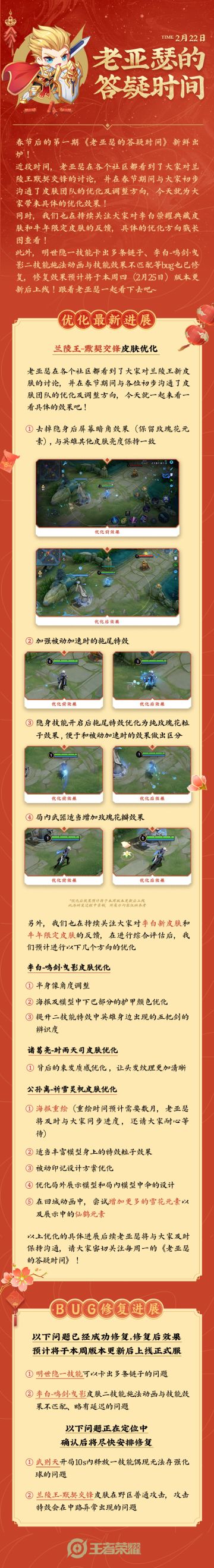 老亚瑟的答疑时间|兰陵王新皮肤优化效果，李白新皮肤、牛年限定皮肤优化计划