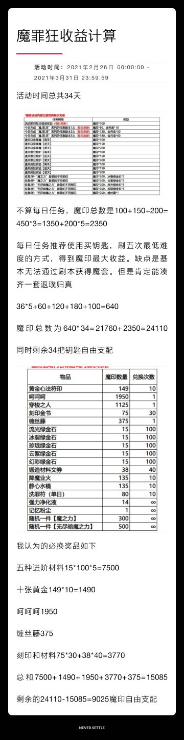 魔罪狂活动收益简单计算