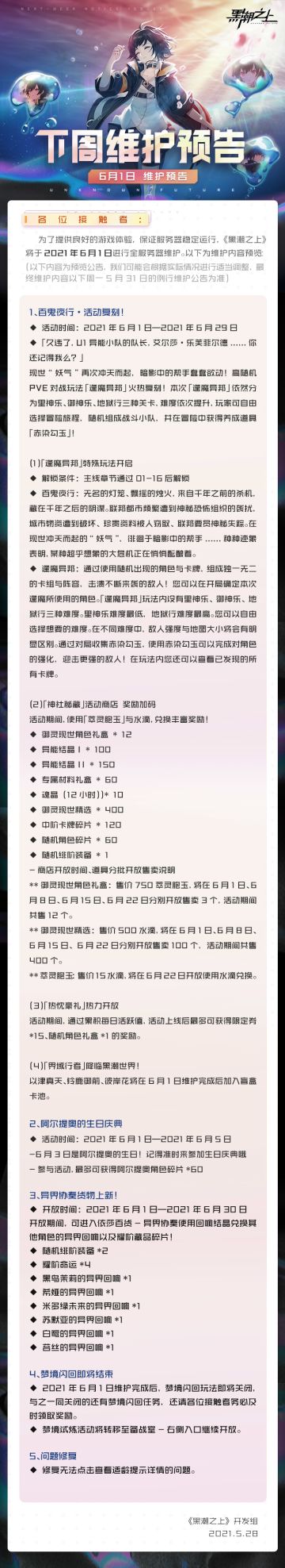 「最新情报」6月1日（下周）维护预告