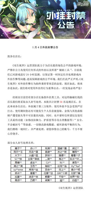【双生视界】外挂封禁公告