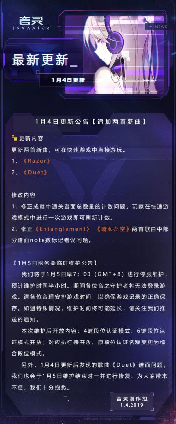 1月4日更新公告