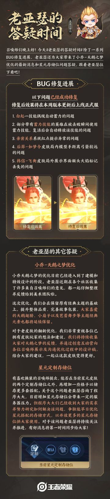 《老亚瑟的答疑时间》，带来最新Bug修复进展和小乔-天鹅之梦优化的最新消息