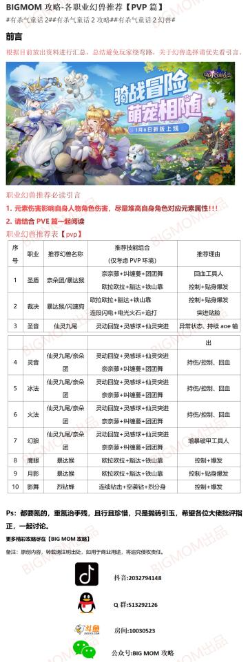 BIGMOM攻略-各职业幻兽如何选【PVP篇】