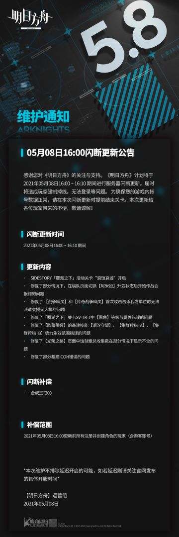 05月08日16:00闪断更新公告