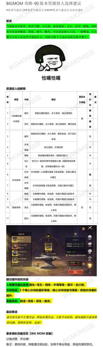 BIGMOM攻略-90版本-资源投入选择建议
