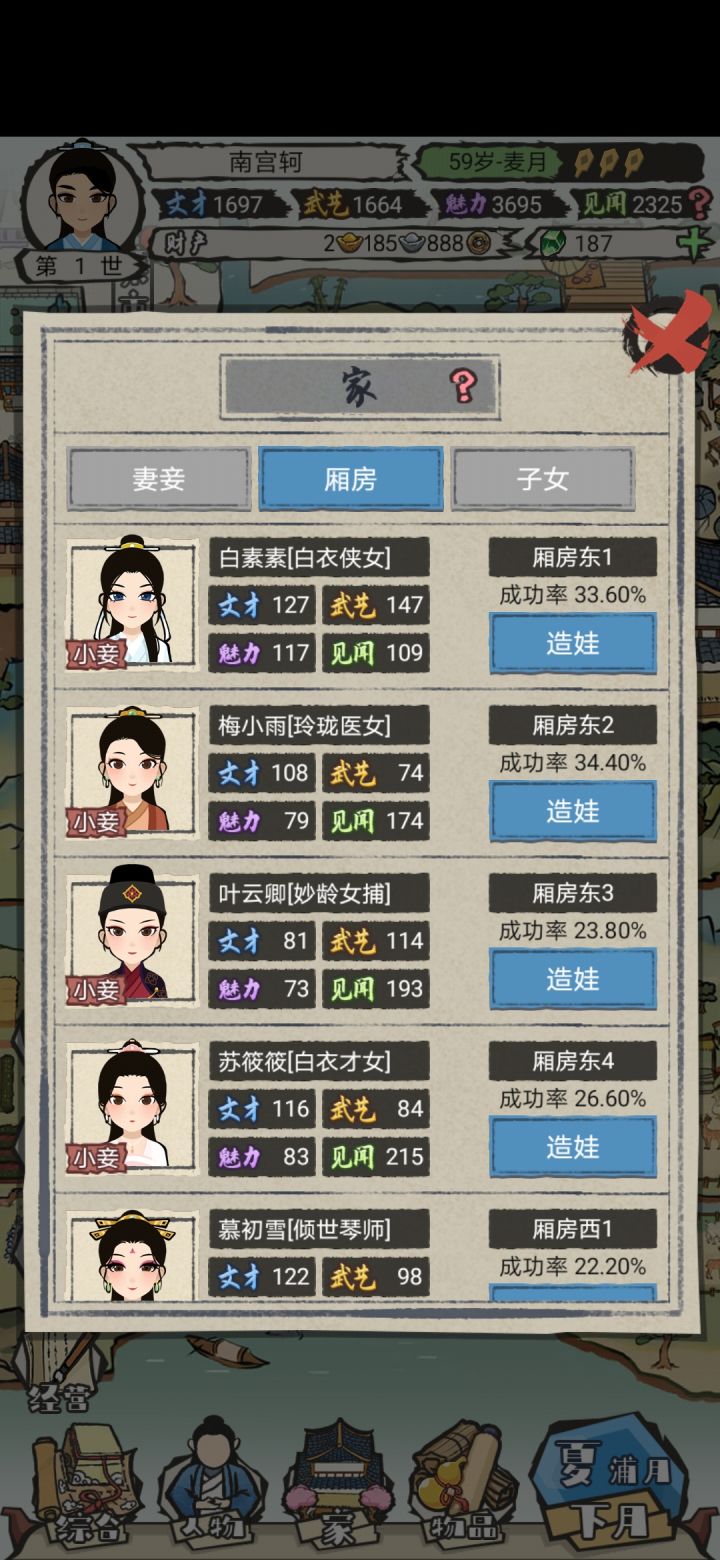 玩久了确实会有些无聊,第二世的时候看到前一世娶过的人,就感觉不是很舒心啊,第一世我还没看到最后一个孩子的职业就死了,就差一点点了,还有一个小妾被山贼杀了,呜呜,在寿命最后一个月的时候,截屏以此留念截图