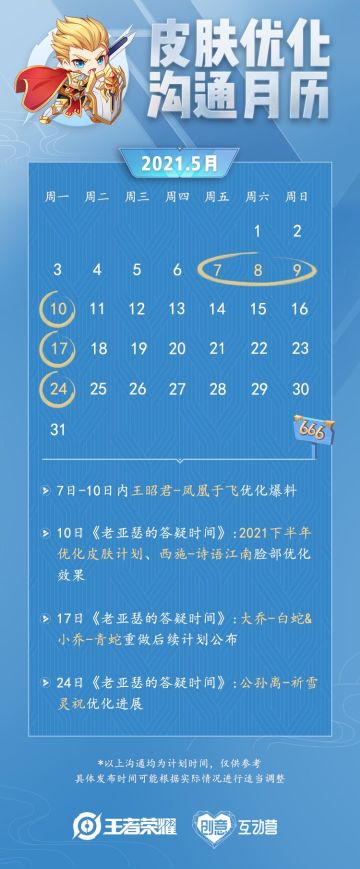 老亚瑟的答疑时间 | 5月皮肤优化沟通月历