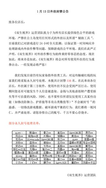 【双生视界】外挂封禁公告（1月13日）