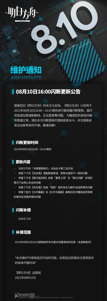 08月10日16:00闪断更新公告