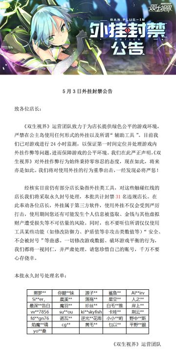 【双生视界】外挂封禁公告