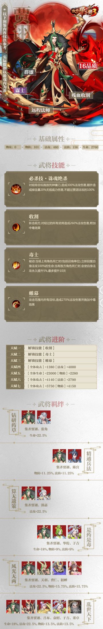 武将图鉴☆《放开那三国3》群雄「贾诩」技能属性羁绊介绍
