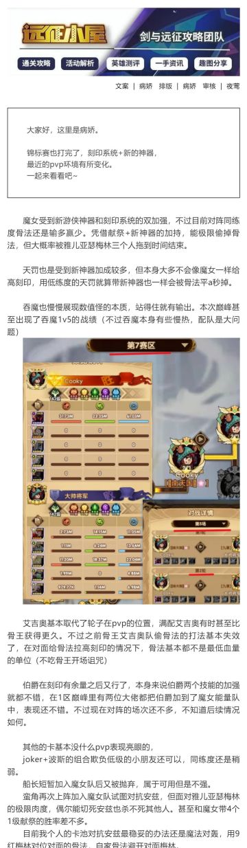 【剑与远征小屋】近期pvp英雄综合分析