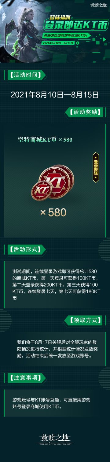 【先锋测试活动五】全民登录福利！登录游戏即可获得商城KT币*580！