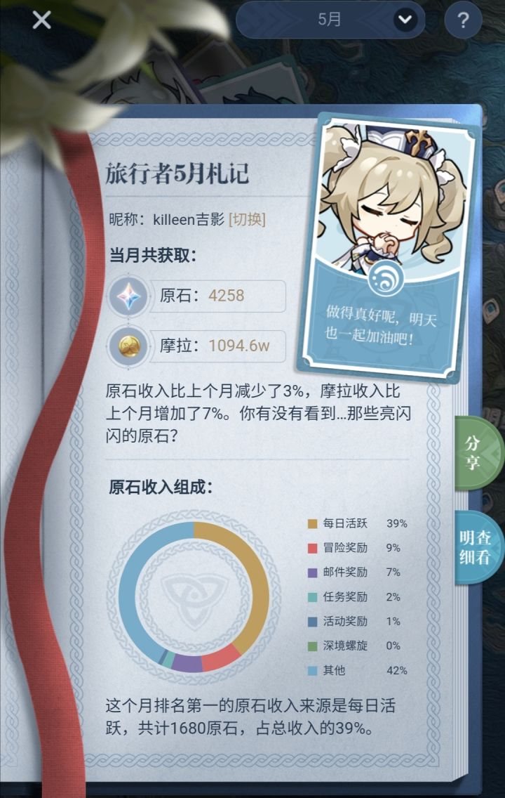 晒一下零氪无月卡每月的原石收入截图