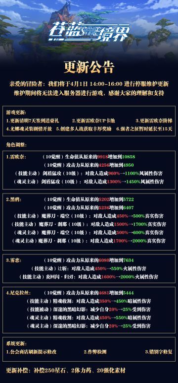 《苍蓝境界》4月1日14:00-16:00停服维护公告
