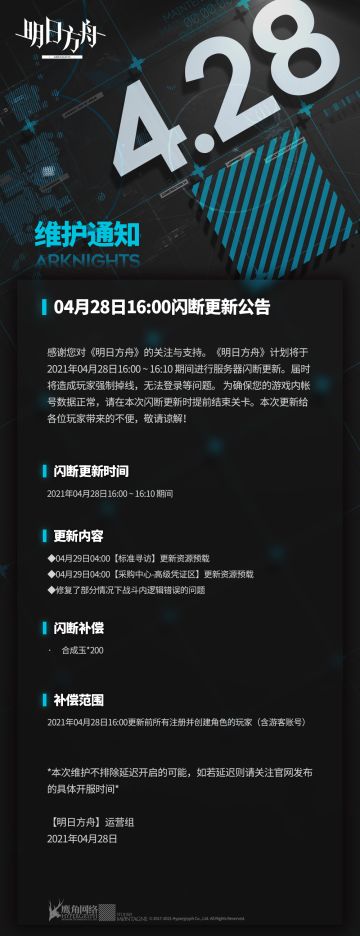 04月28日16:00闪断更新公告