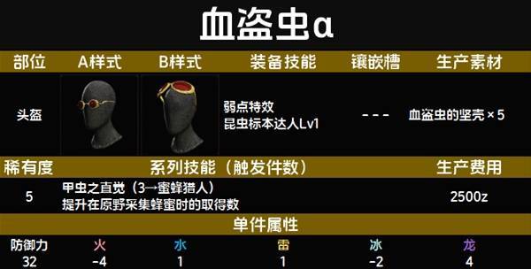 血盗虫α装备图鉴 血盗虫α装备技能与制作材料一览截图