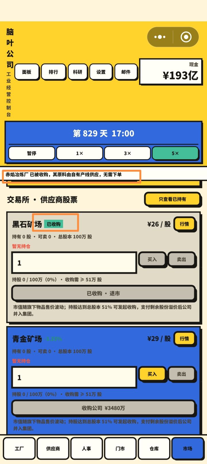 1.我之前开了自动下单，但是在收购公司的时候忘记关了，导致一直有这个提示，很烦，希望能出一个关闭
2.公司已经被收购了，但还在股市挂着，希望已经退市的公司不要出现在股市里面，占位置
3.工厂里面开了很多流水线，但每一个都显示，有时候想找最下面的工厂要翻很久。所以希望能出一个可以折叠流水线的功能，只显示工厂
[表情_流口水][表情_流口水][表情_流口水]截图