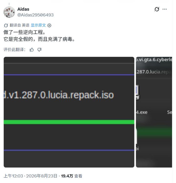 GTA6 113GB偷跑版被证实是病毒！纯垃圾数据截图