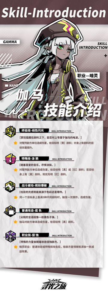 #凹凸世界寻光之旅 
参赛者们大家好呀！
今天9022为大家带来了『伽马』的技能介绍以及进阶效果，助各位参赛者更好地安排作战伙伴~
