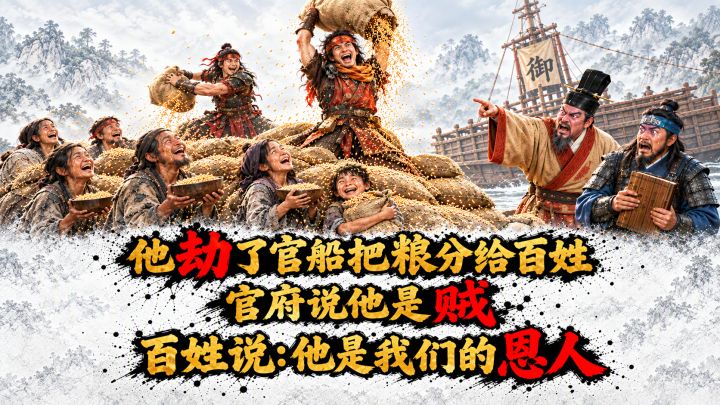 他劫了官船把粮分给百姓,官府说他是贼。百姓说:他是我们的恩人截图