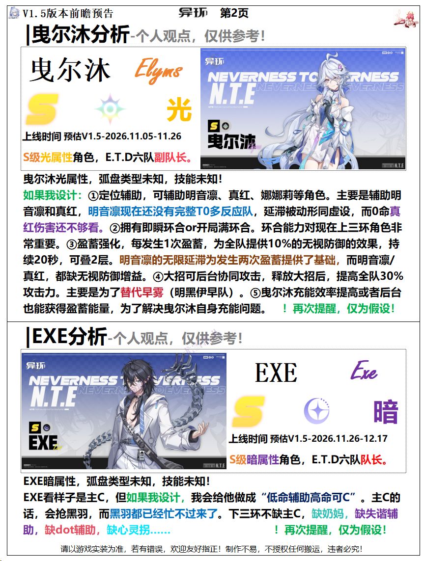 异环:1.5前瞻分析,曳尔沐+EXE? 2