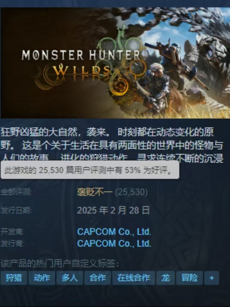 怪猎新作在线人数破百万,好评率仅为53%? 2