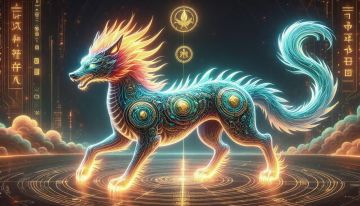 #小蛙生图创作 #AI修仙工坊 #修仙时代 
水墨幻境中，一只由五行灵气凝聚的灵宠悬浮于太极阵图之上。半透明流质身躯随金木水火土元素变幻形态：头部现朱雀火羽冠，前爪化青龙木鳞爪，脊背覆白虎金石甲，尾部呈玄武水波纹，四足踏麒麟土祥云。周身环绕《河图》星轨与卦象符文，灵气粒子在虚实间坍缩重组。背景为泼墨阴阳鱼与山海经星图，风格是道家壁画与赛博玄学融合