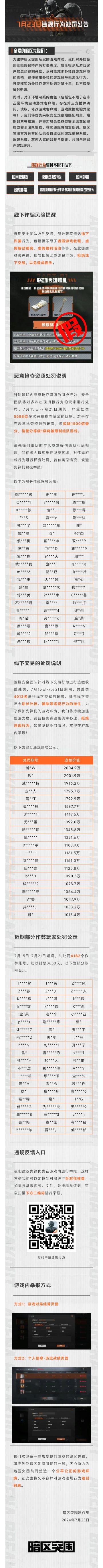 《暗区突围》手游安全风险提醒及违规行为处罚公告 （7月23日）