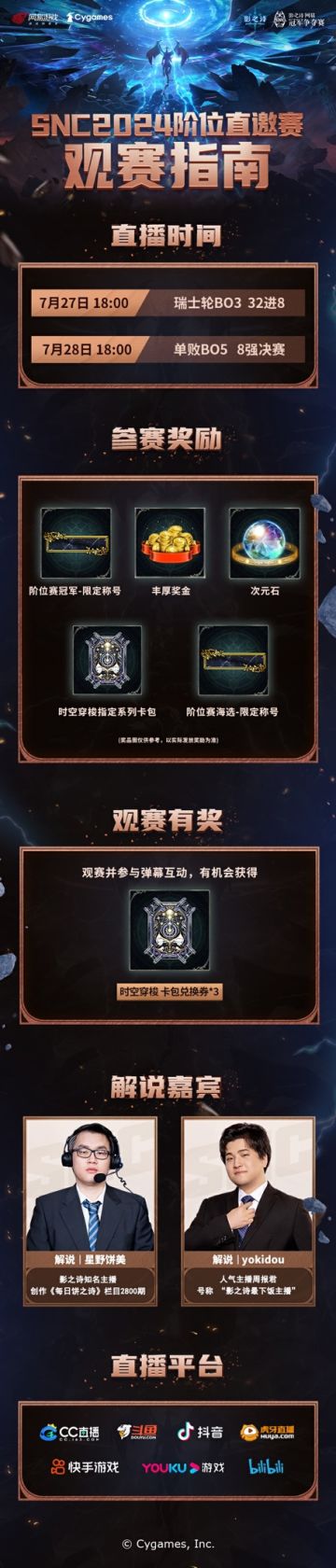 ​SNC2024阶位直邀赛决赛明天正式打响！ 
本次比赛将决出8名选手晋级海选终轮！7月27日-7月28日每天18:00起，前往官方以及二台直播间，一同见证新一届冠军诞生吧！参与弹幕互动还有机会获得【时空穿梭 卡包兑换券*3】噢~
官方直播间：https://live.bilibili.com/37124?broadcast_type=0&is_room_feed=1&spm_id_from=33
