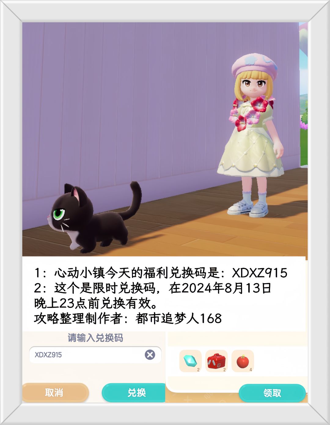 温馨提醒：心动小镇8.13日限时福利兑换码。截图